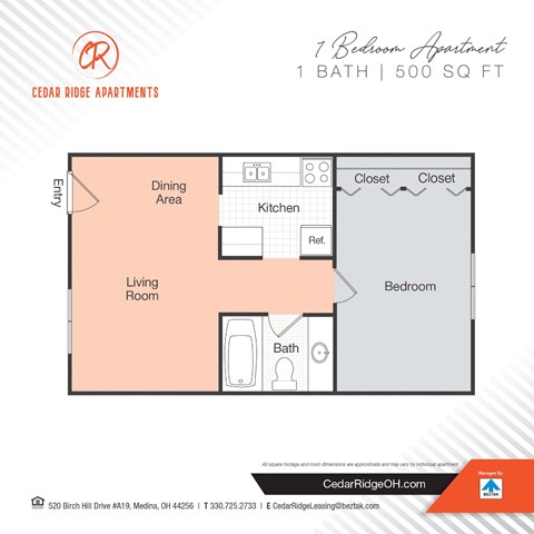 Floor plan for 1 bed, 1 bath, 500 sqft